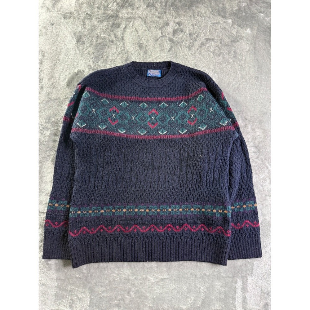 Vintage Pendleton Wool Sweater Mens Large L Navy Blue Fair Isle Made in USA